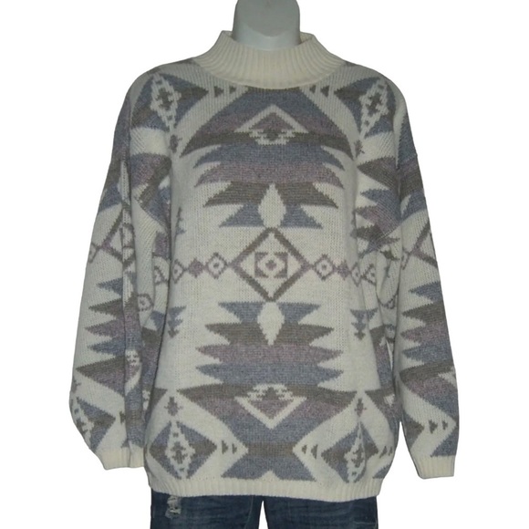 Vintage 90's Garland Sweater Southwestern Aztec Print Ivory High Neck Boho Wool - Picture 9 of 10